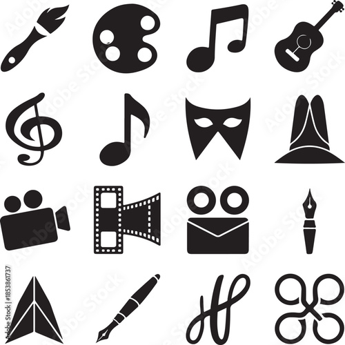 Black and white icons for art music film and writing