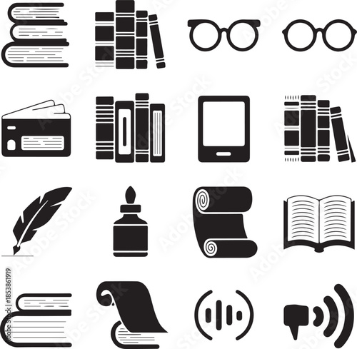 Black and white icons of books glasses and reading related objects
