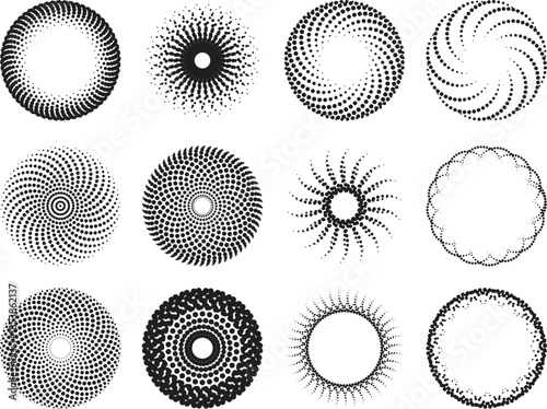 Black and white halftone dot patterns in circular shapes