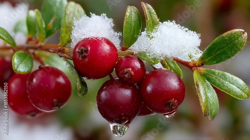Vibrant Red Cranberries on Branch Covered in Melting Snow with Dripping Water Drops.