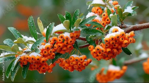Winter Scene with Vibrant Orange Berries Covered in Fresh White Snow on a Branch.