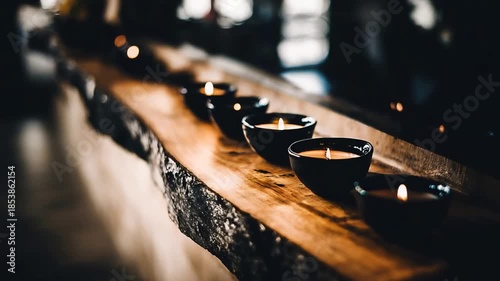 Warm Glowing Candles in Elegant Black Bowls Illuminating a Rustic Wooden Surface.