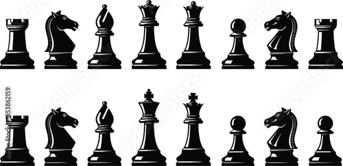 Black Chess Piece Silhouette Icons Set, Professional King Queen Knight Rook Bishop and Pawn Vector Illustrations for Strategy Game Design Elements,