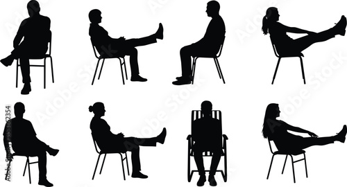 Black silhouettes set of people sitting on chairs in different poses and positions isolated on white background for graphic design