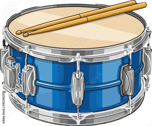 Blue snare drum musical instrument with wooden drumsticks isolated on white background for percussion music education band and concert performance