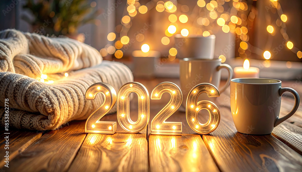 Obraz premium Illuminated New Year: A cozy scene unfolds with glowing numerals marking the year 2026, warm lights, and soft textures creating a sense of anticipation and comfort.