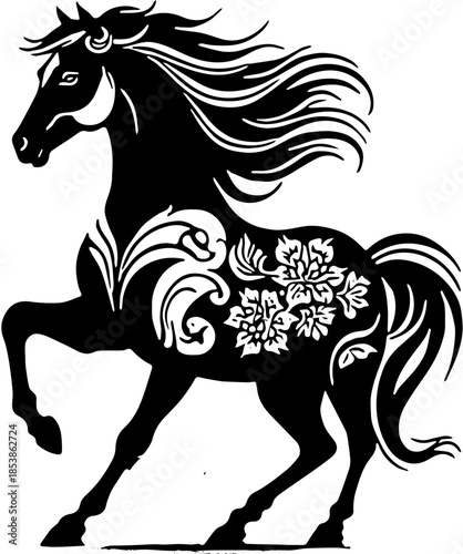 Chinese Zodiac Horse Black and White Vector SVG