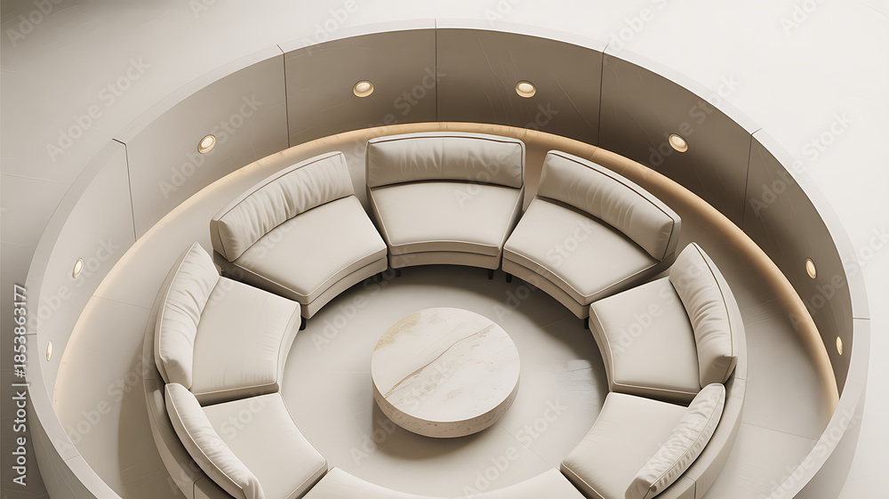 Fototapeta premium Modern circular seating area with white leather sofas and marble table