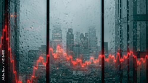 Market Downturn: A somber cityscape through a rain-streaked window, overlaid with a stark red line depicting a market downturn. Emphasizing the economic challenges.