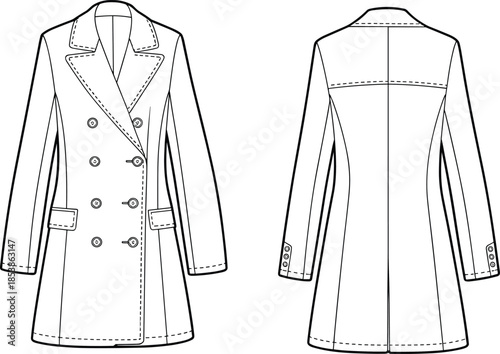 CAD drawing flat vector illustration, women’s double breasted coat front and back, fashion design template, apparel sketch, garment technical illustration