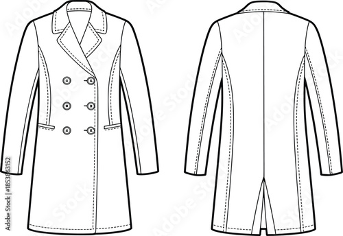 CAD drawing flat vector illustration, women’s double breasted coat front and back, fashion design template, apparel sketch, clothing mockup, garment technical illustration