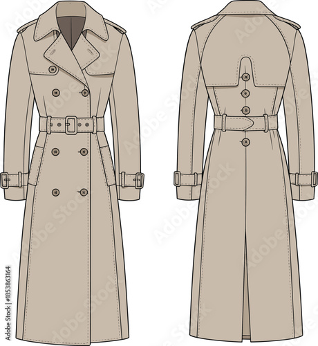 CAD drawing flat vector illustration, trench coat front and back, fashion design template, apparel sketch, clothing mockup, garment technical illustrationCAD drawing flat vector illustration