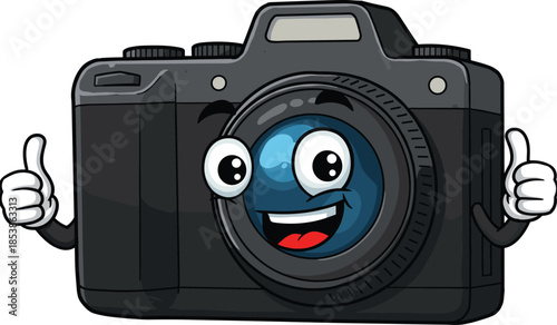 Cartoon camera mascot, smiling digital camera character, playful photography illustration, anthropomorphic gadget artwork, cheerful cartoon design, friendly technology figure