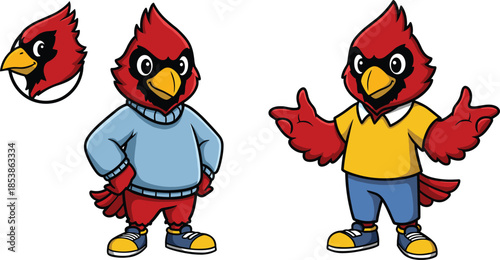 Cartoon cardinal mascot character, anthropomorphic bird in casual clothing, red bird illustration, vector animal design, sports team mascot, children’s character art