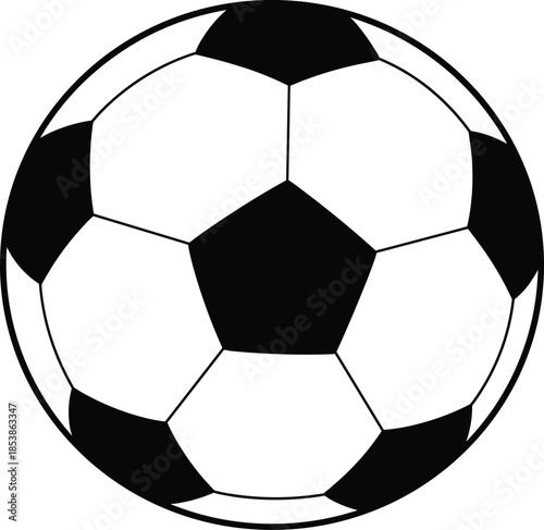 Classic black and white soccer ball illustration, isolated on white background, sports equipment design, football pattern, vector drawing for athletic themes