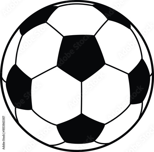 Classic black and white soccer ball illustration, isolated on white background, sports equipment, football design, training, match, game, tournament, competition