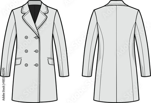 CAD drawing flat vector illustration, women’s double breasted coat front and back, fashion design template, apparel sketch, clothing mockup, garment technical illustration