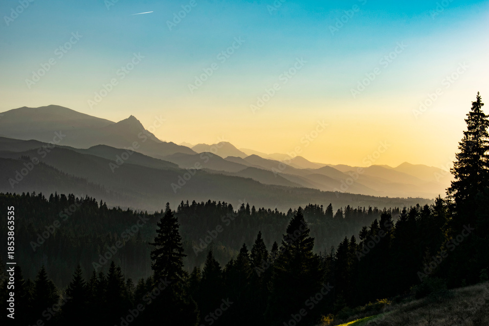 Obraz premium sunset on a green glade with the Tatra Mountains in the background