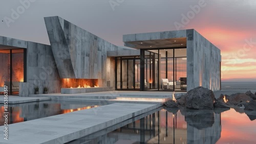 Modern Architectural Masterpiece: A contemporary architectural design featuring clean lines and a minimalist aesthetic. This luxurious structure boasts a harmonious blend of concrete and glass.