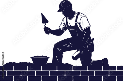 Skilled construction worker kneeling to meticulously lay bricks with a trowel, demonstrating masonry craftsmanship and building expertise