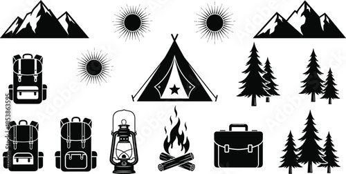 Camping adventure icons with mountains, tents, backpacks, campfire, lantern, trees, outdoor travel elements in black silhouette style for explorers