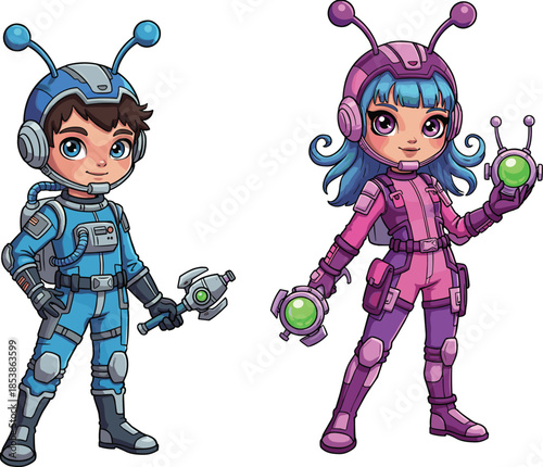 Cartoon children in astronaut suits with blasters, space explorers, sci‑fi adventure, imagination, colorful illustration, childhood heroes, comic style, fantasy