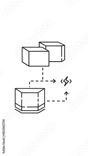 Isometric illustration of stacked boxes with dashed connections.