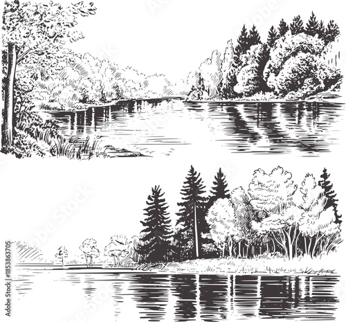 Black and white pencil of a serene lakeside forest landscape