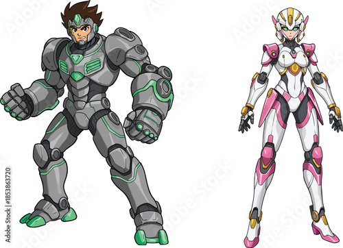 Cartoon children in futuristic exosuits, armored heroes, sci‑fi battle, strength and agility, adventure, colorful illustration, childhood characters, comic style, fantasy