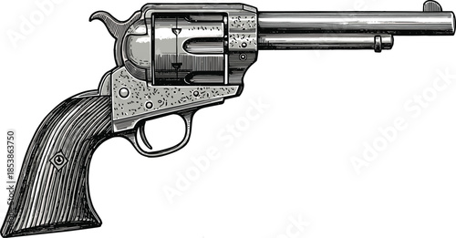 Vintage revolver illustration, classic handgun drawing, antique firearm sketch, old west pistol artwork, detailed weapon engraving, historical gun design graphic
