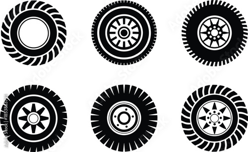Car tire silhouettes, vector wheel icons, automotive rim designs, vehicle tire clipart set, transportation outline art, car wheel illustration pack, auto parts graphic collection