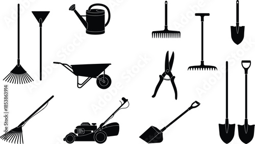 Collection of black silhouette gardening tools including shovel, rake, watering can, wheelbarrow, shears, and lawn mower for landscaping design