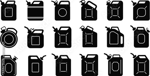 Collection of black silhouette fuel cans and jerrycans showing various container shapes for gasoline storage, transportation, safety equipment, and industrial use