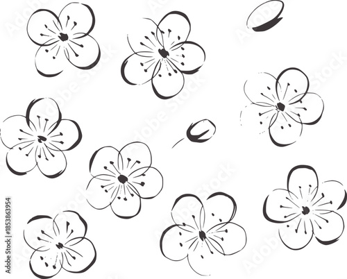 Nine minimalist black five petal flowers and buds ink editable