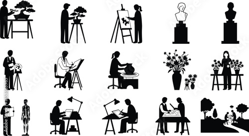 Collection of black silhouette icons representing artists, sculptors, architects, bonsai care, drawing, painting, pottery, flower arranging, anatomy, teamwork