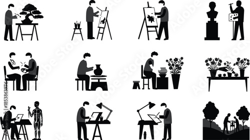 Collection of black silhouette icons showing artists painting, sculpting, drawing, pottery, floral arrangement, bonsai trimming, architecture design, outdoor sketching