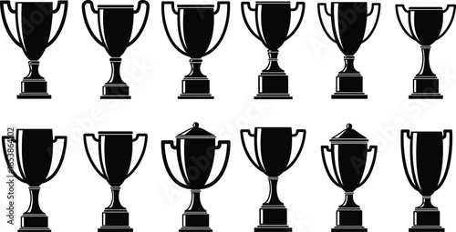 Collection of black trophy cup silhouettes featuring award prizes, championship cups, victory symbols, sports achievement designs, and competitive success icons for graphics
