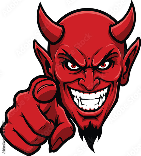 Cartoon devil character, red demon mascot, evil face illustration, scary monster artwork, Halloween design concept, angry devil head, fantasy villain figure, spooky cartoon graphic