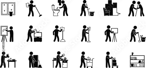 Cleaning service icons, stick figures, housekeeping tasks, janitorial work, mopping, dusting, sanitizing, washing, home maintenance, black and white illustration