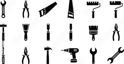 Collection of black tool silhouette icons featuring wrenches, pliers, saws, hammers, screwdrivers, brushes and power drill for construction design projects