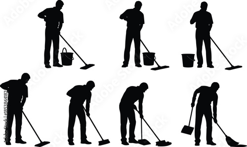 Cleaning worker silhouette collection featuring janitor mopping, sweeping, floor cleaning tasks, maintenance staff actions, professional cleaner vector illustration set