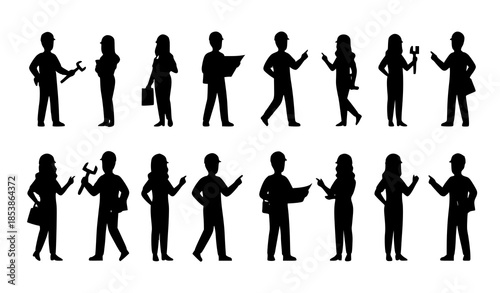 Industrial workers and engineers flat cartoon vector illustration set with active poses isolated on transparent background