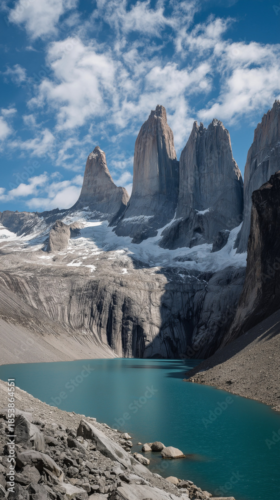 Obraz premium Torres del Paine National Park, Chile – Dramatic Mountains and Glacial Lakes