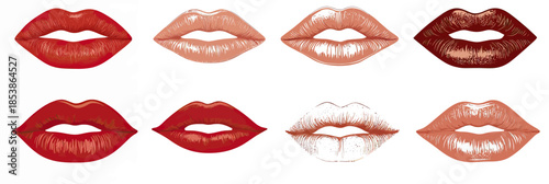 Collection of realistic vector kiss imprint lips in various red and natural shades with detailed texture on white background for beauty and romance design concepts