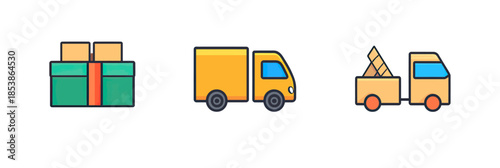 Flat minimalist vector icons of gift box package, delivery truck, and construction truck with boxes symbolizing shipping logistics and transportation services