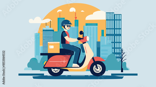 Courier delivery man riding scooter in cityscape background with package box urban transportation concept flat vector illustration