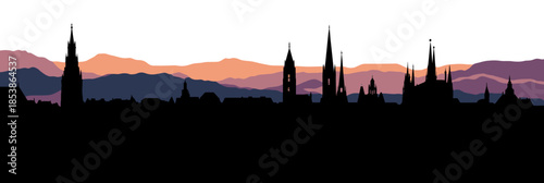 Munich skyline silhouette with mountain landscape background minimalist flat vector black cityscape silhouette with church spires and sunset gradient sky