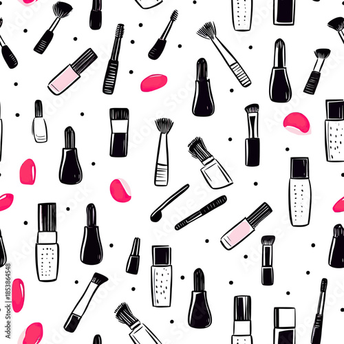 Seamless hand drawn makeup pattern with lipstick, mascara, nail polish, foundation bottles, cosmetic brushes and pink blush spots on white background vector illustration