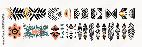 Abstract tribal ornamental pattern with geometric shapes and floral motifs in flat minimalist vector design with earthy colors and hand drawn style