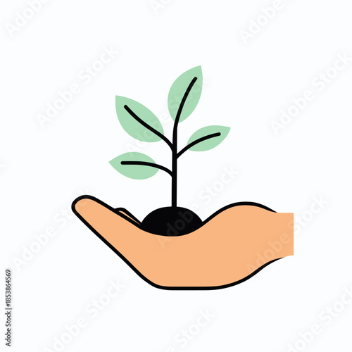 Hand holding small green plant with soil symbolizing growth care nurturing environment and sustainability concept in flat minimalist style vector illustration